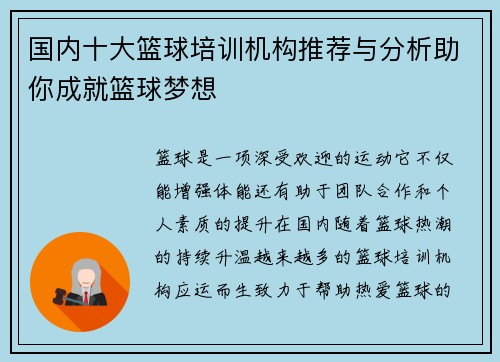 国内十大篮球培训机构推荐与分析助你成就篮球梦想